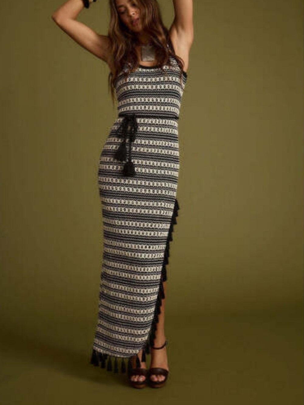 12th Tribe Black and Cream Striped Maxi Dress with Tassel Trim